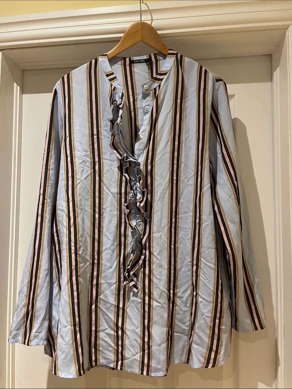 Marc Aurel Ruffle-Front Striped Blouse Elevated Oversized Casual Chic